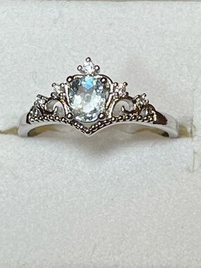 Unique Silver Crown Halo Ring with Sky Blue Center Stone Adjustable